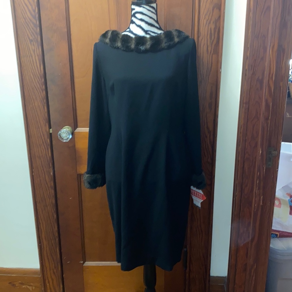 J. Taylor Vintage black dress faux fur neck and cuffs size 14 P NWT